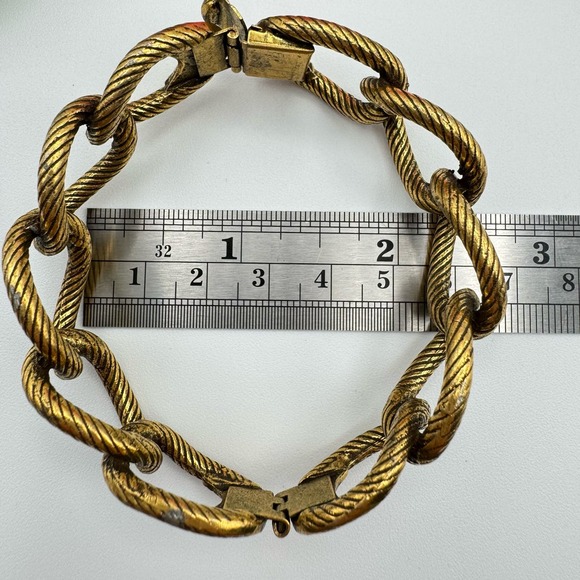 Vintage Etched Rope Cable Link Hinge Bangle Bracelet Gold Tone Plated - Picture 15 of 17